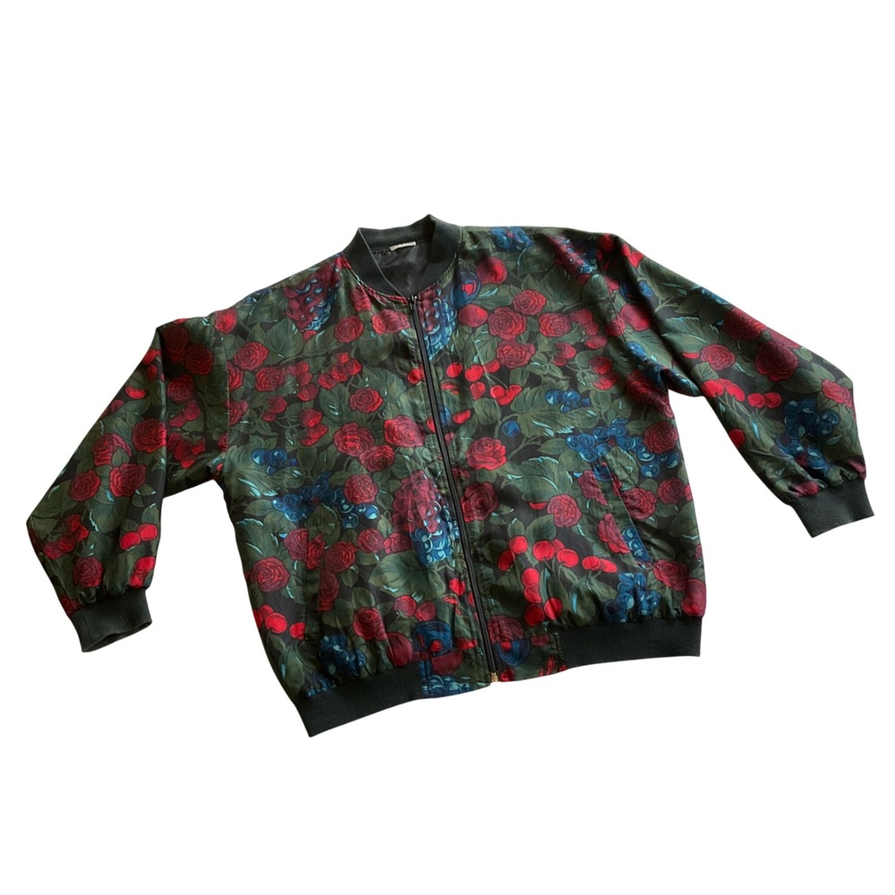 Vintage Silk Bomber Jacket‎ Womens OSFM Green Floral Rose Cherry Fruit Print